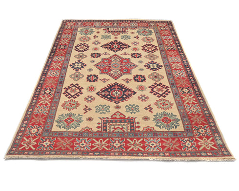 4x6 Beige Kuba Afghan Hand Knotted Wool Area Rug